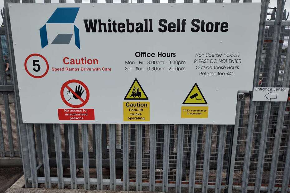 An image of whiteball self storage 2025 entrance sign