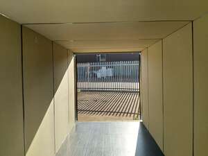 Looking out of an waterproof mdf lined and insulated 20 x 8 self storage unit.